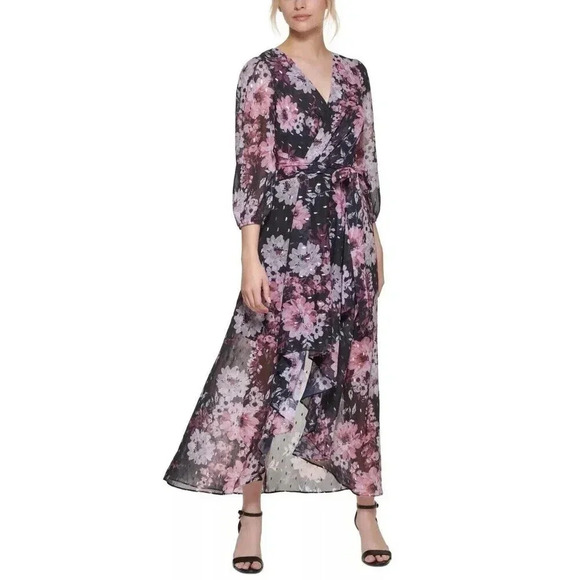Eliza J Floral Metallic Fleck High Low Dress Puff Sleeve V-Neck Midi Tropical 10 - Picture 3 of 11